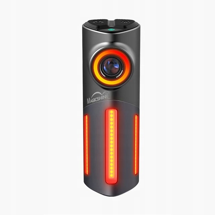 Magicshine Seemee DV Camera Tail Light features a sleek gray body with a circular lens, orange accent, and bright red LED strips for visibility, ideal for cycling safety.