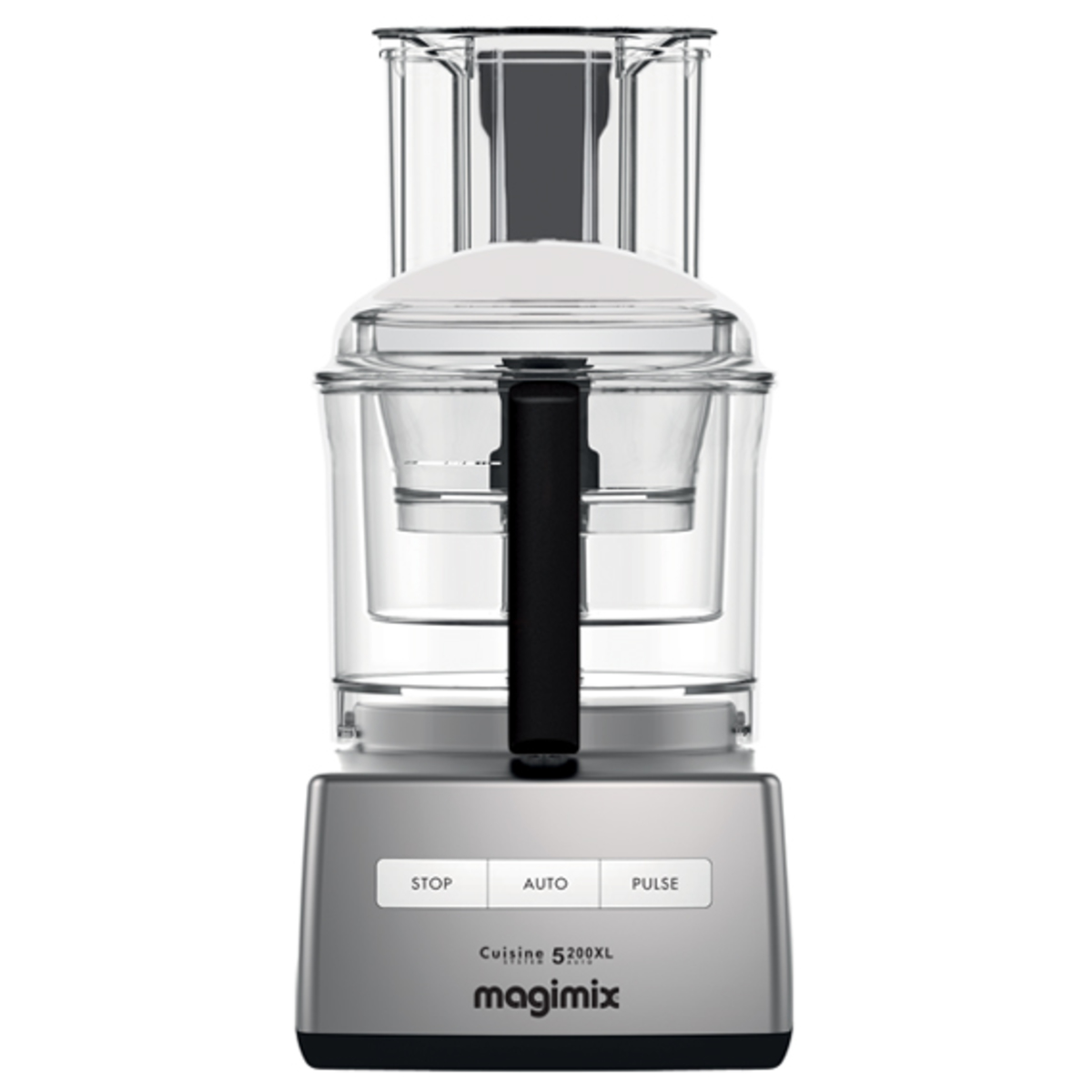 Satin-finished food processor with a clear bowl, black handle, and control buttons labeled STOP, AUTO, and PULSE, featuring a sleek, modern design by Magimix.