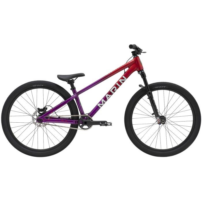 Marin Alcatraz 2 jump bike featuring a vibrant red and purple frame, 26-inch wheels, sturdy tires, and a minimalist design suitable for tricks and jumps.