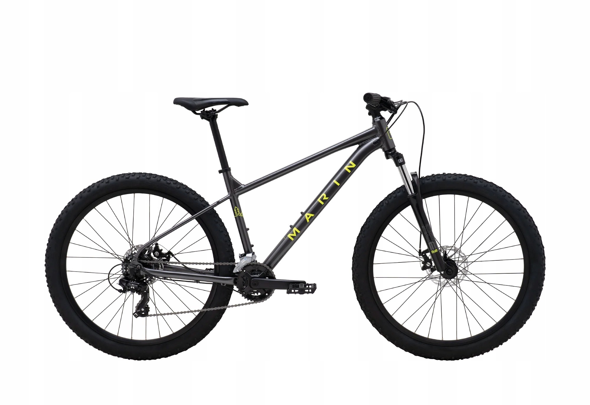 Gray and yellow Marin Bolinas Ridge 1 mountain bike, featuring a sturdy frame, thick tires, and disc brakes, designed for off-road performance, size XS.