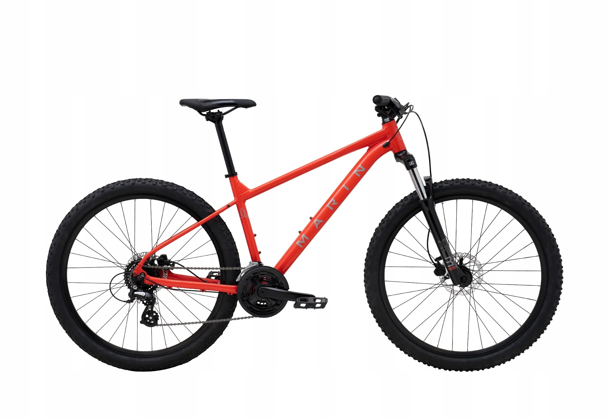 Marin Bolinas Ridge 1 29" mountain bike in vibrant orange, featuring a lightweight aluminum frame, wide tires, and disc brakes for enhanced performance on rugged terrain.