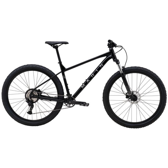 Large black and silver Marin 2026 Bolinas Ridge 2 hardtail mountain bike with 29-inch wheels, featuring a sturdy frame, front suspension, and rugged tires.