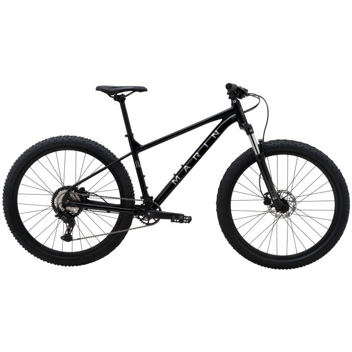 Marin Bolinas Ridge 2 hardtail mountain bike in black and silver, featuring a lightweight frame, 27.5-inch wheels, and rugged tires, designed for off-road performance.