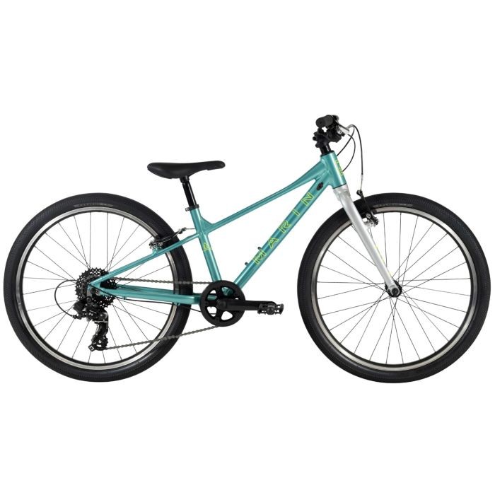 Teal and silver Marin Coast Trail 24" kids bike features a lightweight frame, black tires, a single gear setup, and a comfortable saddle, designed for young riders.