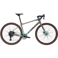 Gray Marin Gestalt X10 gravel bike with drop handlebars, teal accents, and brown-tinted tires.