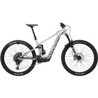 Silver and black Marin Rift Zone EL 2 mountain bike with full suspension, thick tires, and sleek frame design.