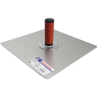 Square aluminum plasterers hawk with a red cushioned handle and rounded corners.