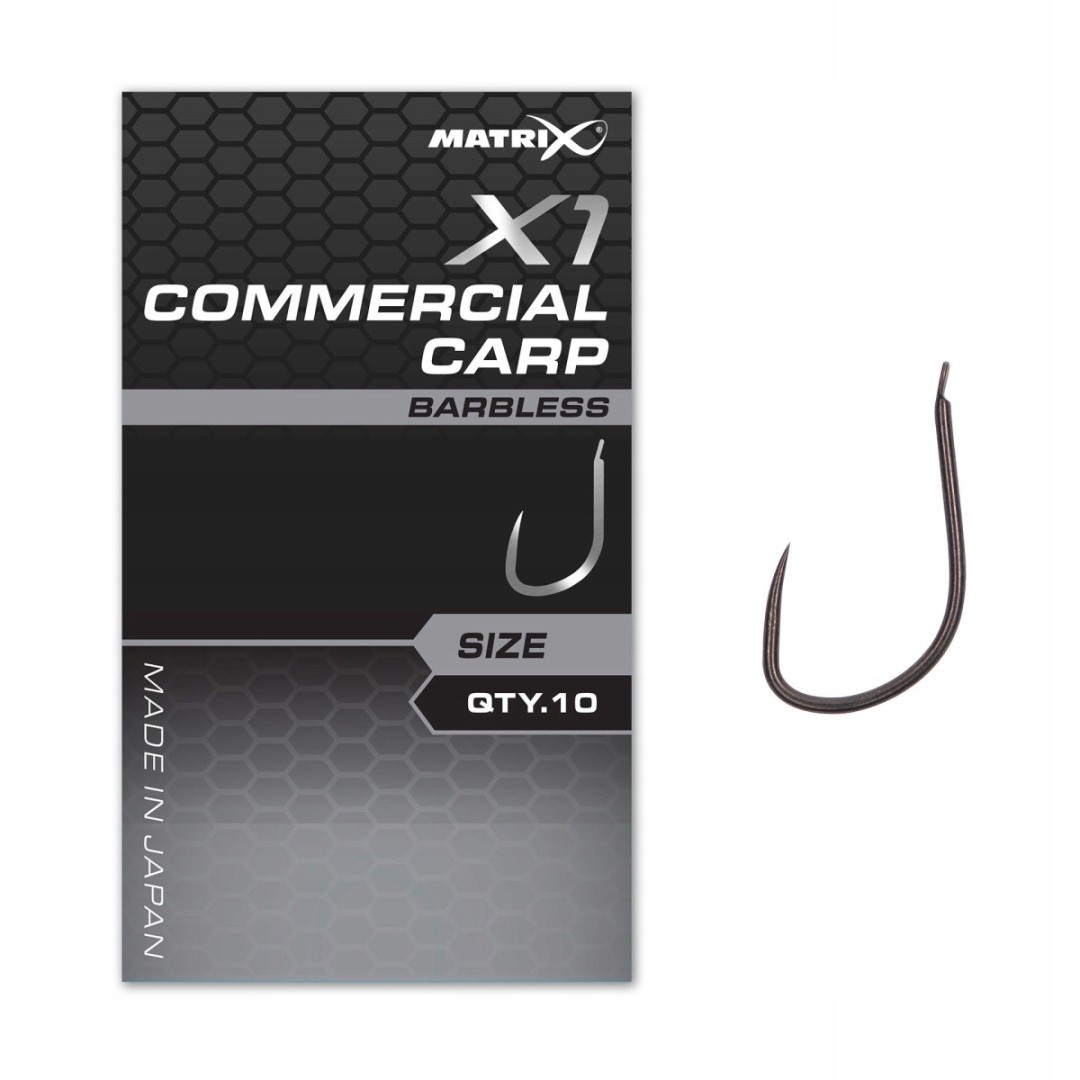 Black barbless fishing hook with a sleek design, packaged in a grey and black card featuring "Matrix X1" branding, size 10, and "Commercial Carp" label, made in Japan.