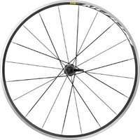 Mavic Aksium Rim Brake 700c Rear Wheel, black spokes, silver rim, yellow logo, sleek design.