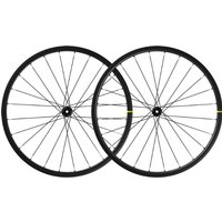 Black Mavic Ksyrium S C-Lock Disc 700c Wheelset with sleek spokes and yellow accents on the rims.