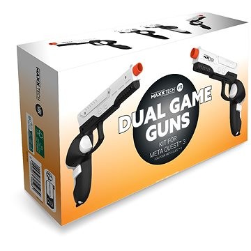 Maxx Tech VR Dual Game Guns Kit for Meta Quest 3, featuring two sleek black and white plastic guns with orange tips, packaged in a vibrant orange box.