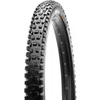 Black Maxxis Assegai folding tyre with EXO TR technology, featuring aggressive tread pattern for mountain biking.