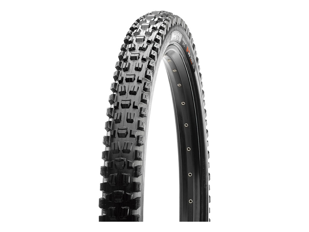 Black Maxxis Assegai tire, size 27.5 x 2.5, featuring a rugged tread pattern, foldable design, and marked with EXO+ and TRWT for enhanced durability and traction.