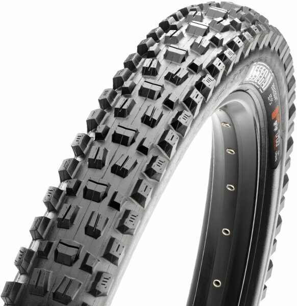 Maxxis Assegai tyre in black, 27.5 inches by 2.6 inches, features a folding design, 60 TPI, and Dual EXO TR technology with a rugged tread pattern for enhanced grip.