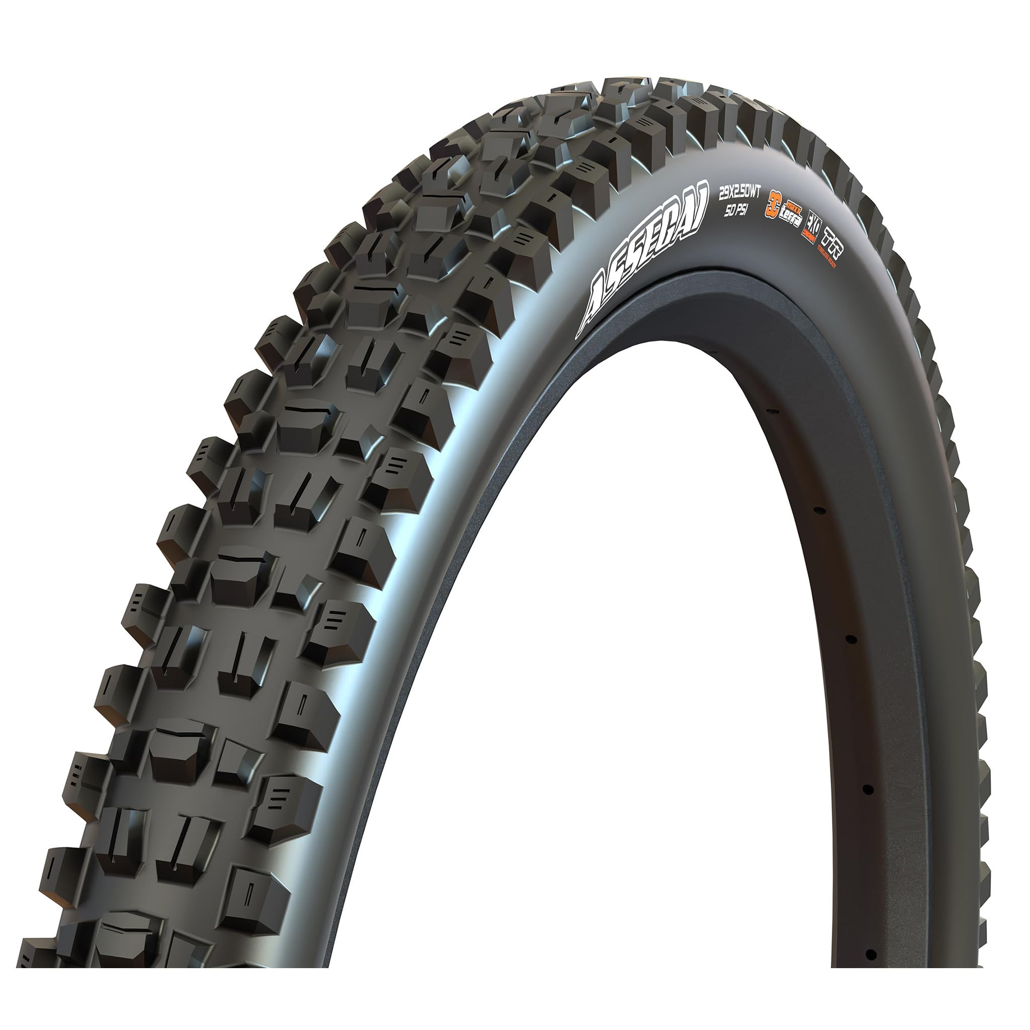 Maxxis Assegai 3C MaxxGrip DH TR tubeless folding EMTB tyre featuring a rugged black tread design with prominent knobs for enhanced grip and stability.