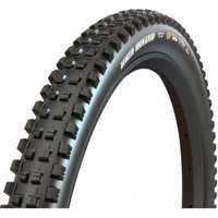 Black Maxxis MTB tyre with aggressive tread pattern, white sidewall branding, and folding bead design.