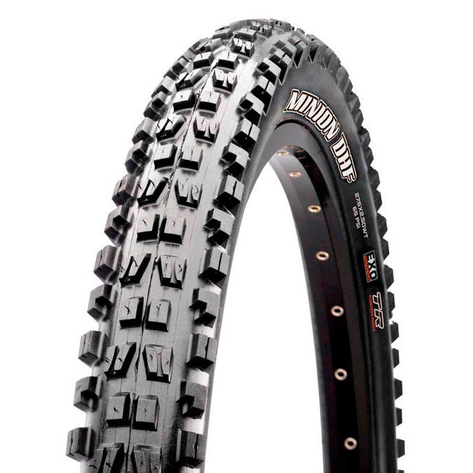 Maxxis Minion DHF tyre in 29x2.6 inches, featuring a black rubber surface with prominent tread patterns, tanwall sides, and a folding design with 60TPI and Dual EXO TR technology.