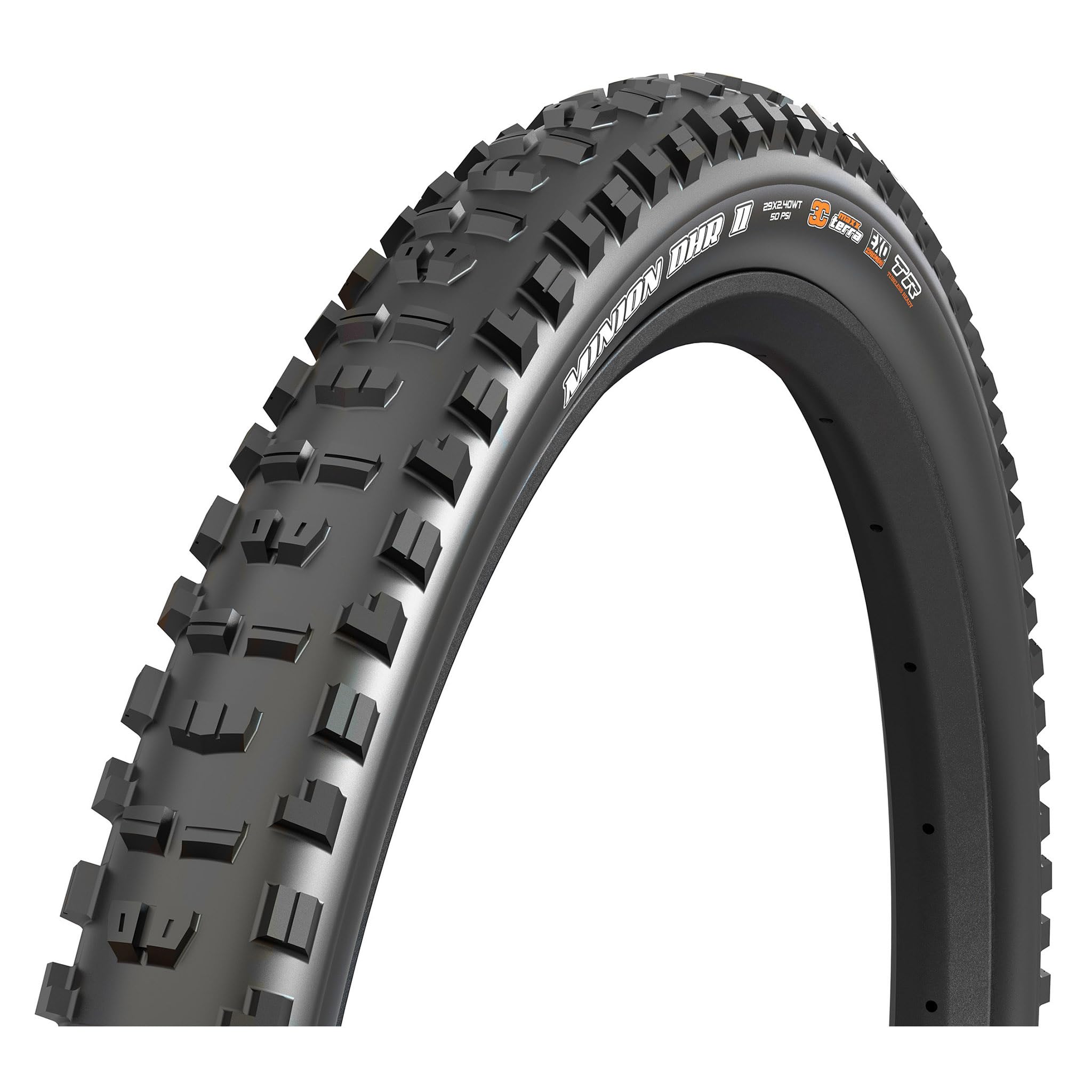 Maxxis Minion DHR II E-50 tyre in black rubber, featuring aggressive tread pattern for enhanced grip, labeled with size 27.5 inches and branding details on the sidewall.