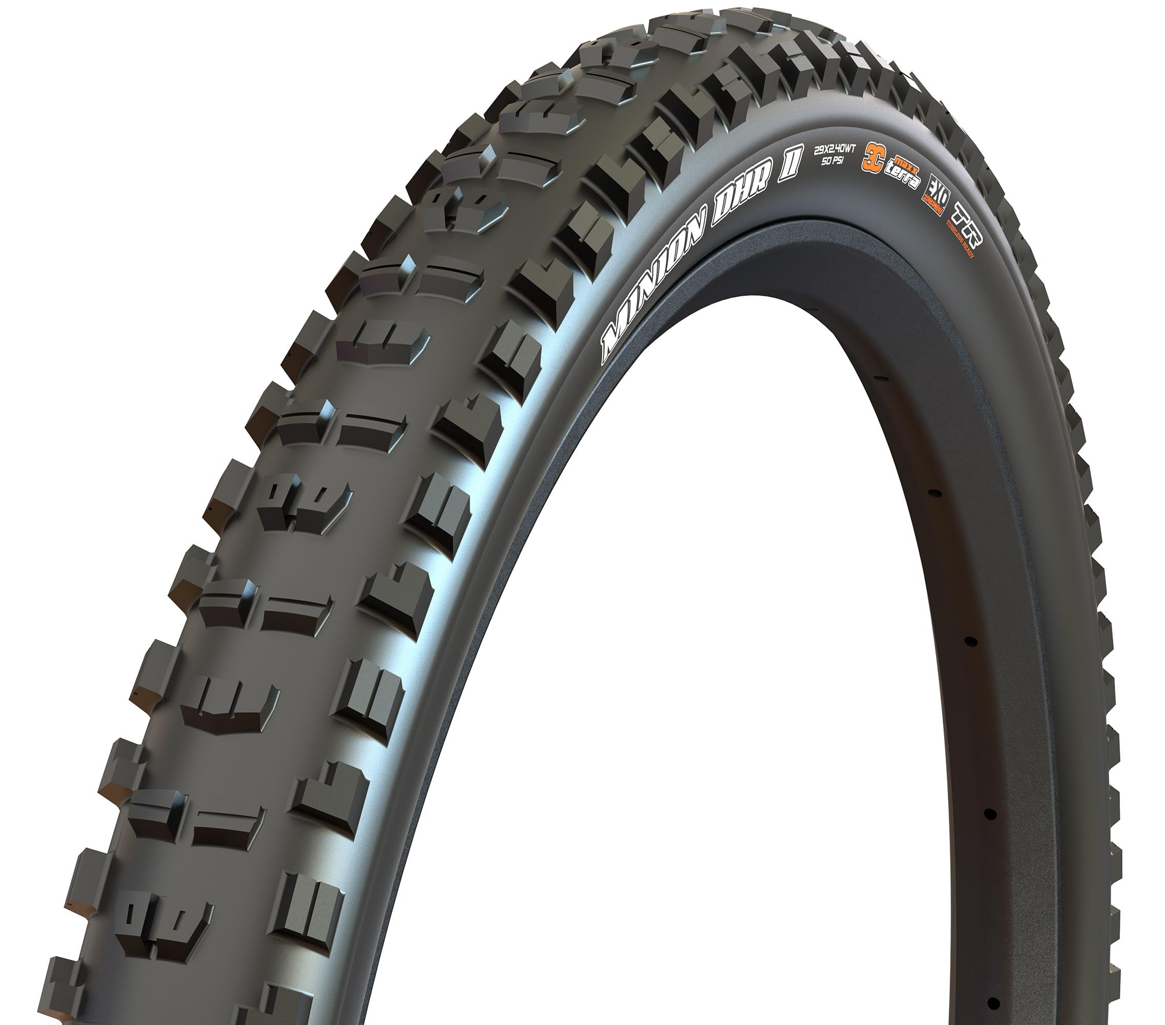 Maxxis Minion DHR II tyre in black, featuring a folding design, 60TPI, 3C MaxxGrip compound, and a 2.5-inch width suitable for 27.5-inch wheels, showcasing aggressive tread pattern.