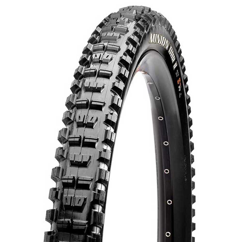 Black mountain bike tire with aggressive tread pattern, labeled "Minion DHR II" in white, measuring 27.5 x 2.40, designed for traction and durability.