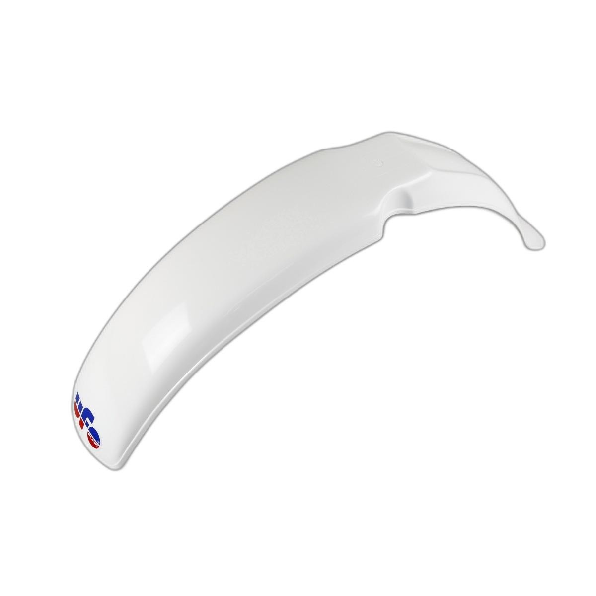 White plastic front fender designed for Fantic 50/75/80/125 models from 1979-82, featuring a smooth surface and a subtle curve, with a small UFO logo in blue and red.