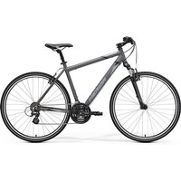 Gray Merida Crossway 10-V hybrid bike with black handlebars, thin tires, and a lightweight aluminum frame.