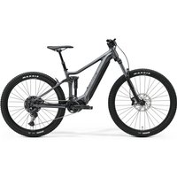 Black Merida eOne-Forty 400 SE electric mountain bike with full suspension, thick tires, and integrated battery.
