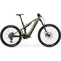 Green Merida eOne-Sixty Lite 675 electric mountain bike with full suspension and black tires.