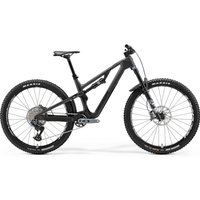 Black Merida One-Forty 8000 mountain bike, full suspension, trail-ready with disc brakes and wide knobby tires.