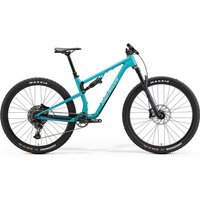 Teal Merida One-Twenty 700 mountain bike, full suspension, black tires, and sleek frame design.