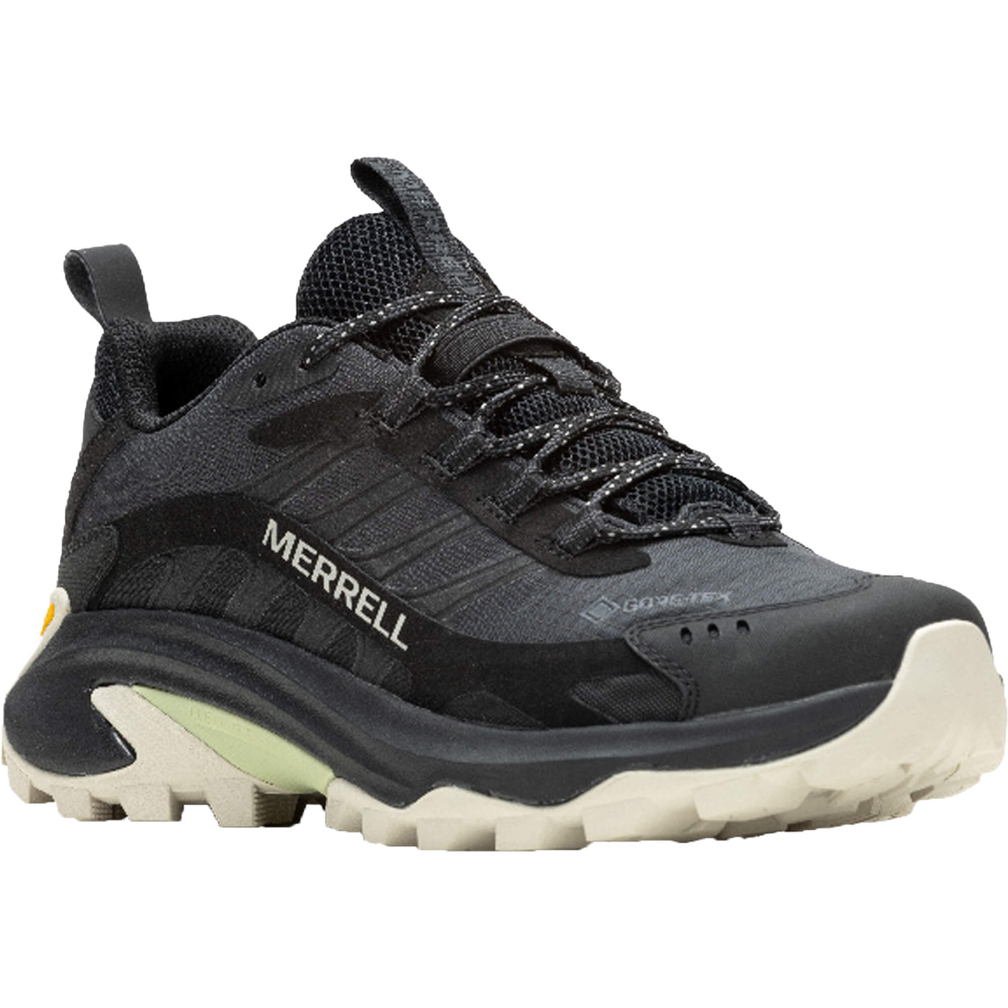 Black Merrell Moab Speed 2 GORE-TEX women's hiking boots feature a breathable mesh upper, cushioned sole, and rugged tread for enhanced grip on various terrains.