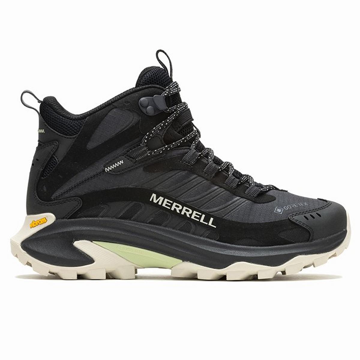 Black Merrell Moab Speed 2 Mid GORE-TEX women's hiking boots featuring a rugged sole, breathable mesh upper, and supportive ankle design for outdoor adventures.