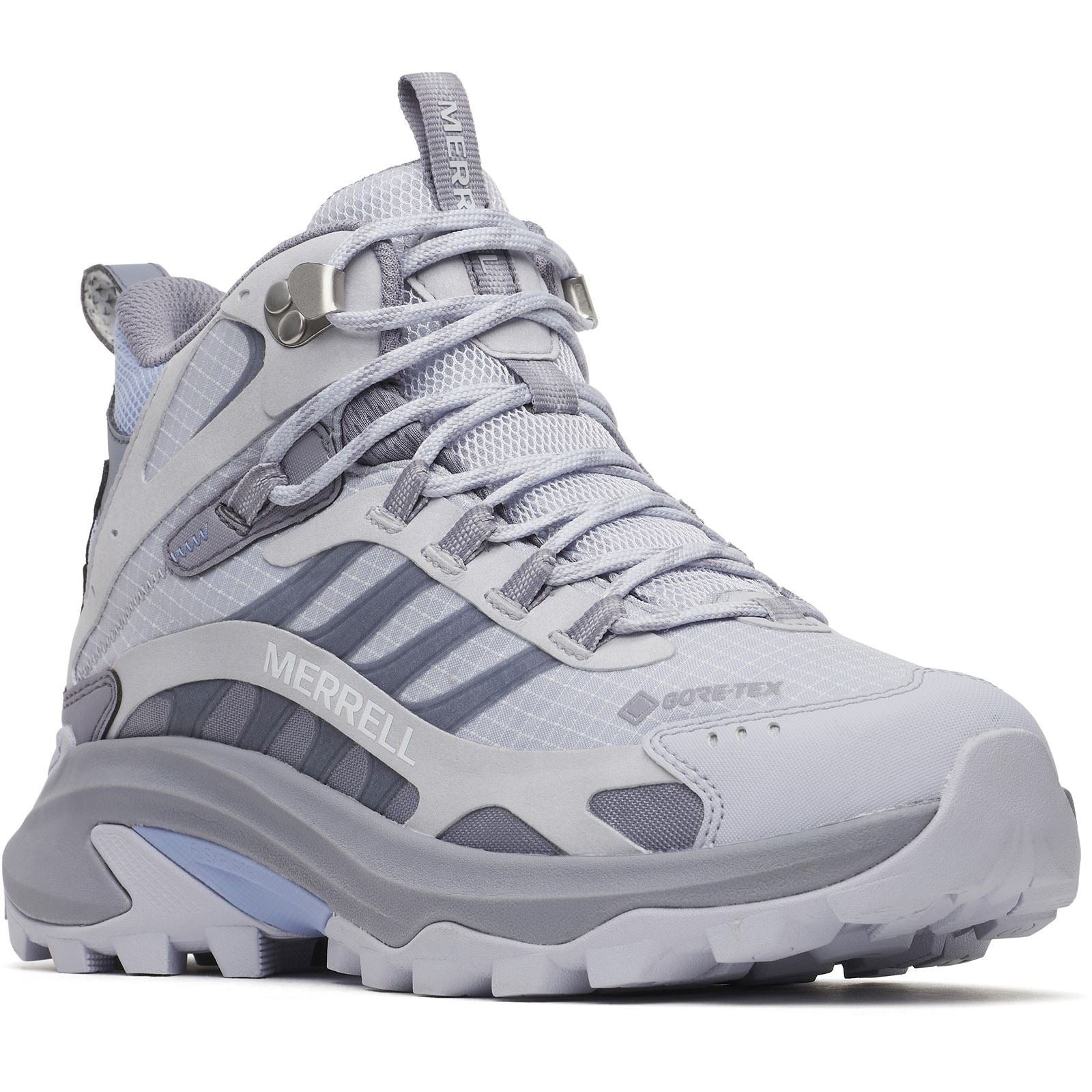 Light gray nylon hiking boots with a mid-top design, featuring a breathable mesh upper, Gore-Tex waterproofing, and rugged rubber outsole for traction.