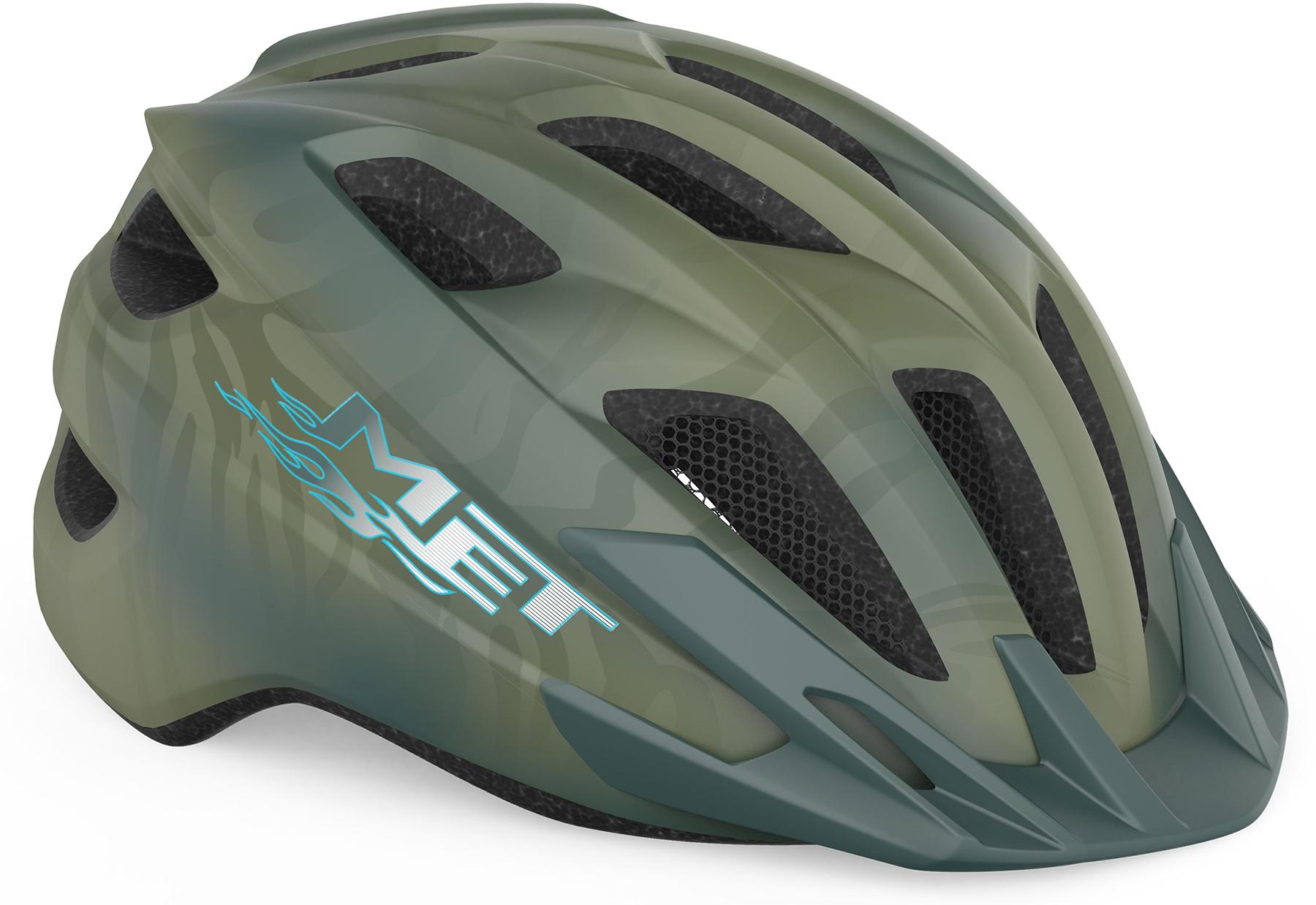 Green matte MET Crackerjack kids helmet featuring a sleek design, ventilation holes, and a prominent MET logo in light blue on the side.