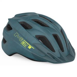 Petrol matte kids' helmet by MET featuring a sleek design, multiple ventilation slots, and a prominent MET logo in bright yellow.