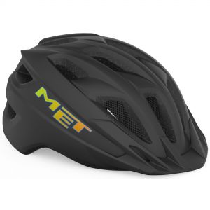 Black matte kids' helmet with ventilation slots, featuring a colorful "MET" logo on the side, designed for safety and comfort in cycling.