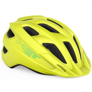 Lime matte kids' helmet featuring a sleek design, multiple ventilation slots, and a prominent MET logo, designed for safety and comfort in cycling.