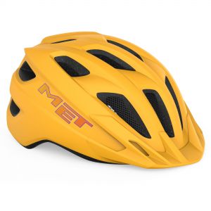 Bright orange matte kids' helmet featuring multiple ventilation slots, a sleek aerodynamic design, and the MET logo prominently displayed on the side.