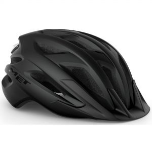 MATTE black MET Crossover Helmet with aerodynamic design, multiple ventilation slots, and adjustable fit for head sizes 52-59cm.