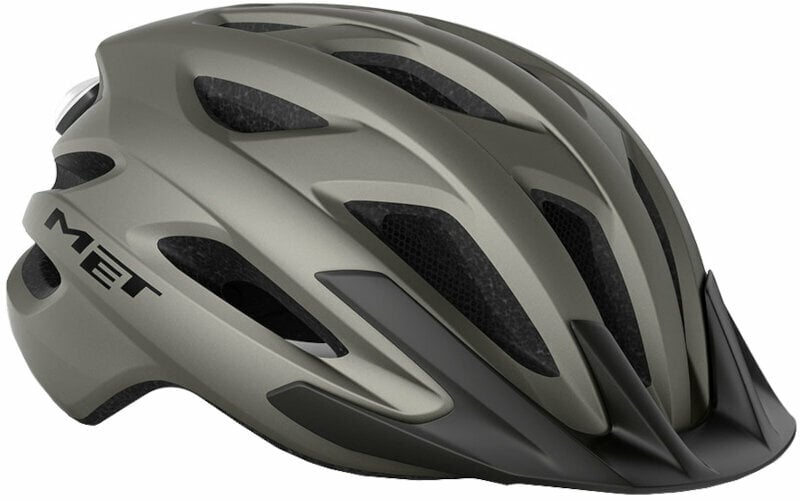 Titanium matte MET Crossover Helmet features a sleek aerodynamic design with multiple ventilation slots, adjustable fit system, and a prominent MET logo on the side.