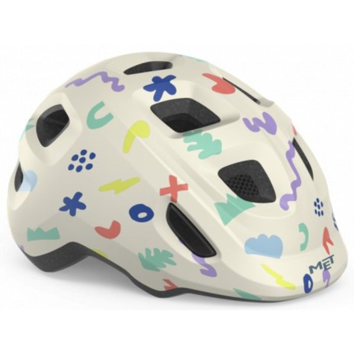 White kids' helmet with colorful abstract icons and patterns, featuring multiple ventilation holes and a secure fit, designed for head sizes 46-52cm.