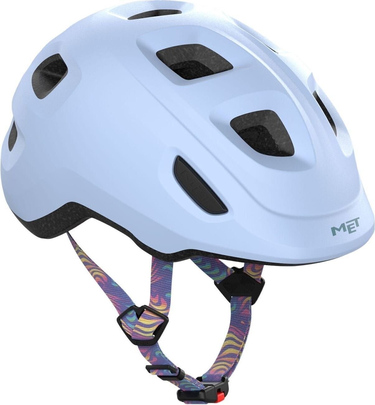 Lilac MET Hooray Kids Helmet in small size, featuring ventilation holes, adjustable straps with a colorful abstract design, and a lightweight, durable construction.