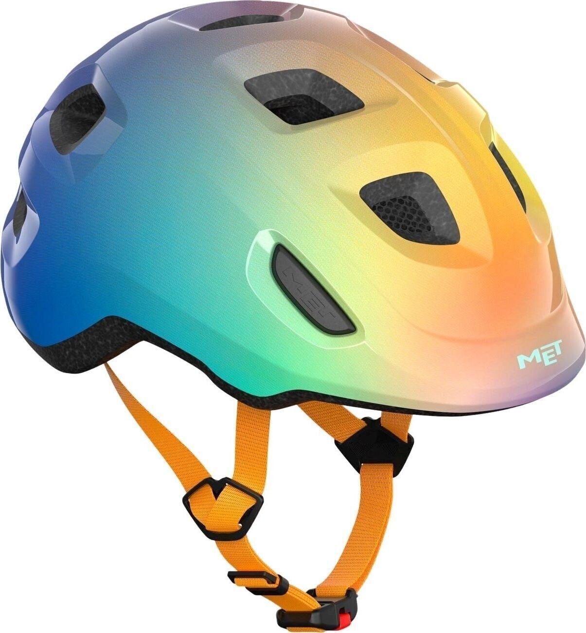 Multicolour MET Hooray Kids Helmet in X-Small features a gradient design with orange, yellow, and blue hues, adjustable straps, and multiple ventilation holes for comfort.