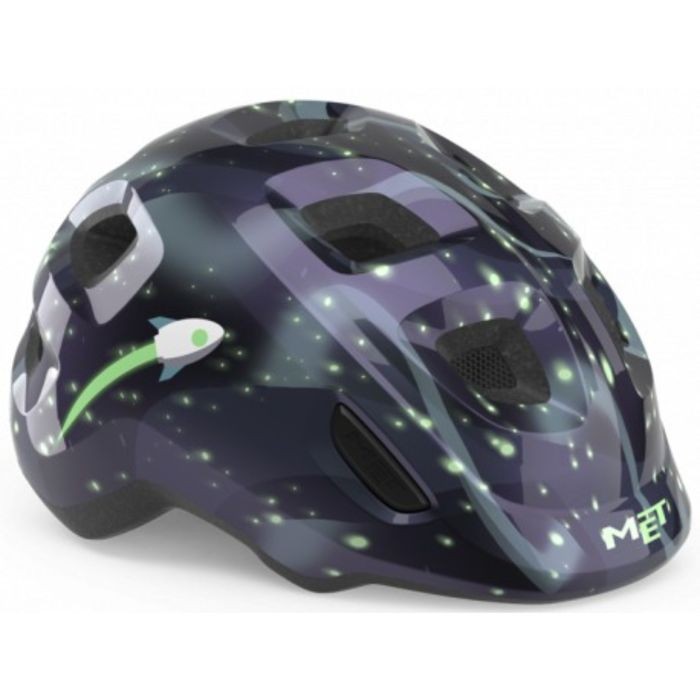 MET Hooray Kids Helmet in space-themed design, featuring a dark blue base with glowing stars and a rocket graphic, made of durable material, size XS (46-52cm).
