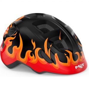 Glossy black kids' helmet with vibrant red and orange flame graphics, featuring ventilation holes and a secure fit system, designed for safety and style.