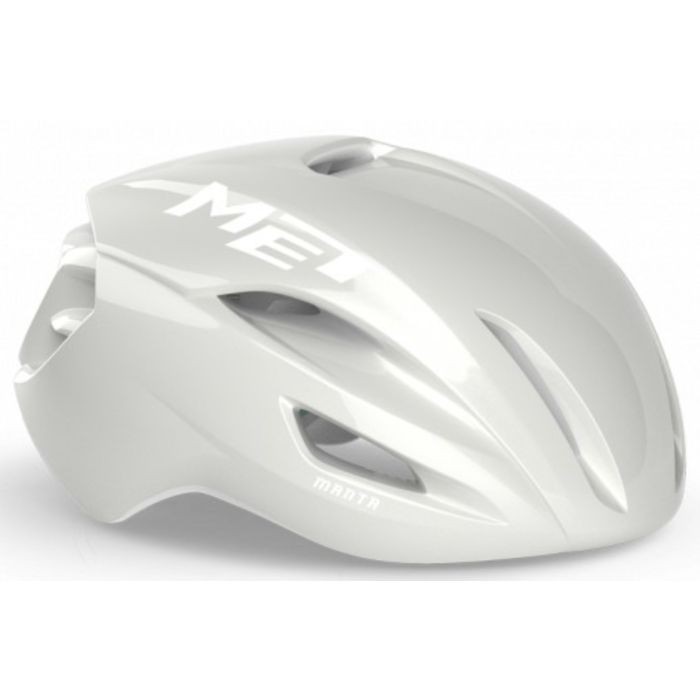 MET Manta MIPS helmet in absolute white, featuring a sleek aerodynamic design, ventilation slots, and a size of L (58-61cm), showcasing a limited edition finish.