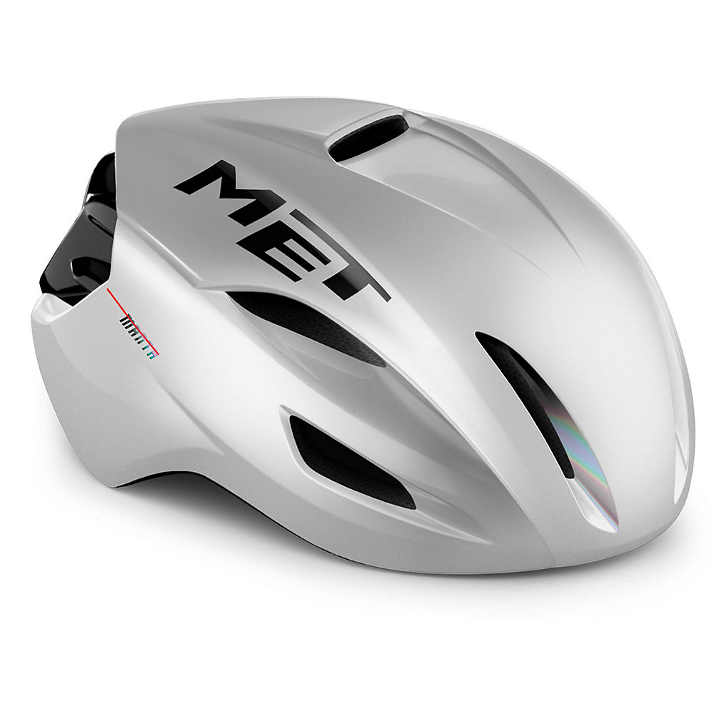 Sleek medium-sized MET Manta MIPS helmet in holographic glossy finish, featuring aerodynamic design, ventilation slots, and bold black MET logo on the side.