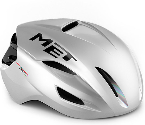 Small MET Manta MIPS helmet in glossy holographic white, featuring aerodynamic design, ventilation slots, and bold MET branding on the side.