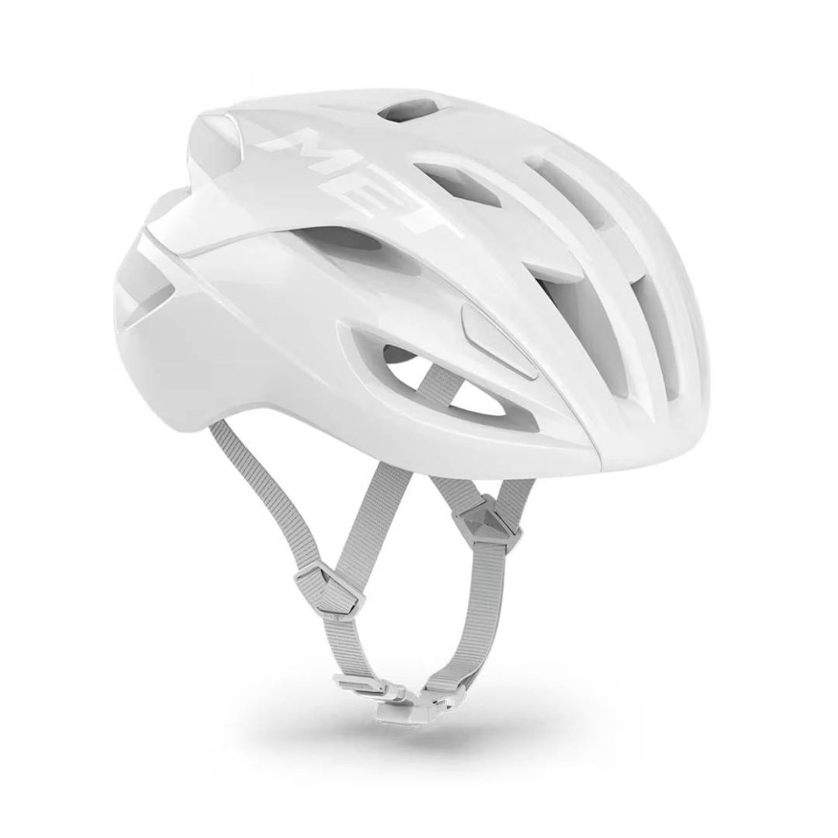 White MET Rivale MIPS Road Helmet in a limited edition design, featuring aerodynamic shape, ventilation slots, and adjustable straps, suitable for head sizes 58-61cm.