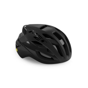 Black matte glossy MET Rivale MIPS road helmet, featuring aerodynamic design, multiple ventilation slots, and a sleek, lightweight build suitable for cycling.